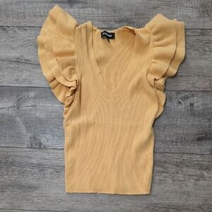  Express Mustard Ribbed Knit Top featuring distinctive ruffled cap sleeves